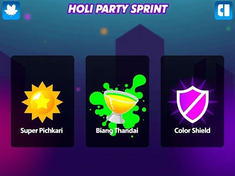 Holi Party Sprint power-ups including Super Pichkari, Bhang Thandai, and Color Shield