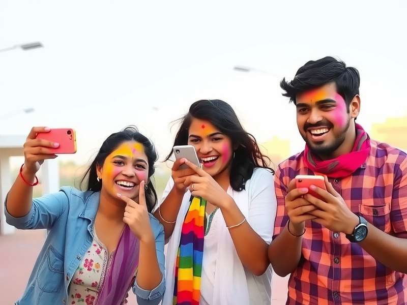 Family playing Holi Party Sprint together on mobile phones, laughing and pointing at the screen