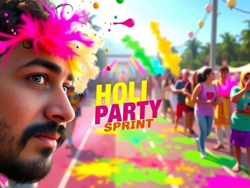 Holi Party Sprint game cover with colorful Holi celebrations, people throwing gulal, and a festive race track